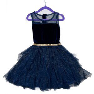 Nicole Miller Girls' Navy Velvet Sparkle and Tiered Tule Ruffles Dress Size 5
